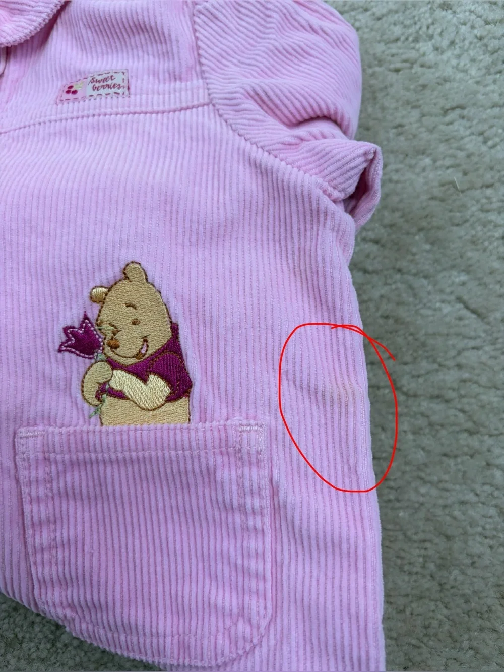 Vintage 90s Y2K Winnie the Pooh Size 3T Pink Corduroy Embroidered Jean Jacket